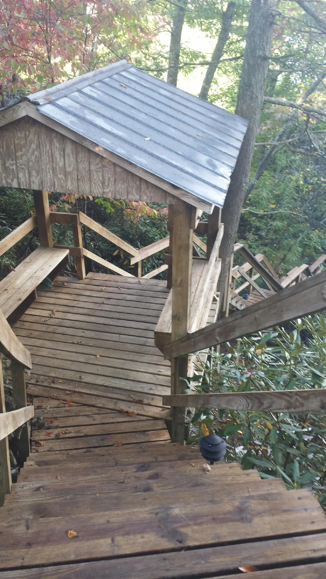Metal roofed shelter over wooden steps on a wooded walkway — Skylight Repair & Installation work by our crew in Jonesburg